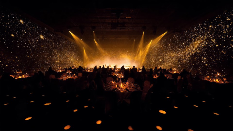 The WH6 arena set for a gala dinner — a concept visualisation of the real 1,215 m² hall